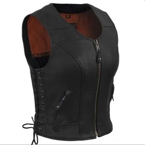 True Element Women’s Fitted Side Laced Leather Motorcycle Vest with Zipper